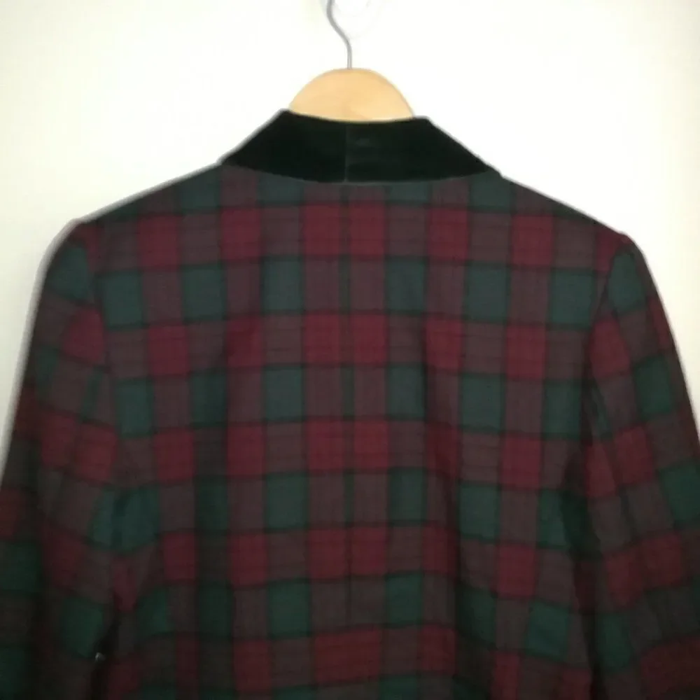 Vintage Holiday Plaid Tartan Red & Green Preppy Simple Breasted Velvet Blazer L - Picture 11 of 15